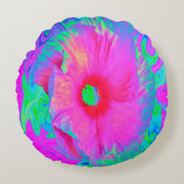 Psychedelic Pink en Red Hibiscus Flower Rond Kussen