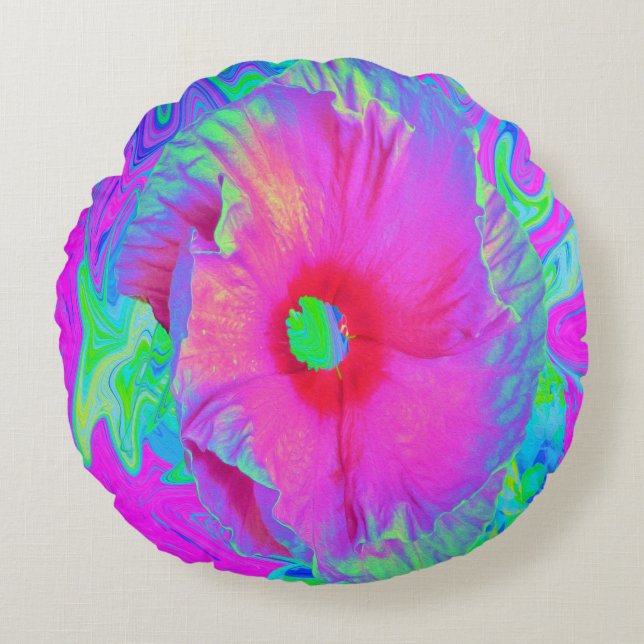Psychedelic Pink en Red Hibiscus Flower Rond Kussen (Voorkant)