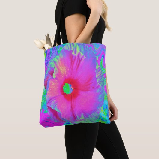 Psychedelic Pink en Red Hibiscus Flower Tote Bag (Dichtbij)