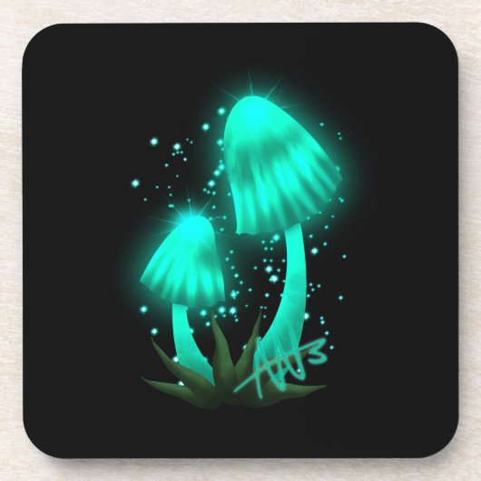 Psychedelic Pixie Pet Gloeiende Cyan Mushroom Bier Onderzetter (Voorkant)
