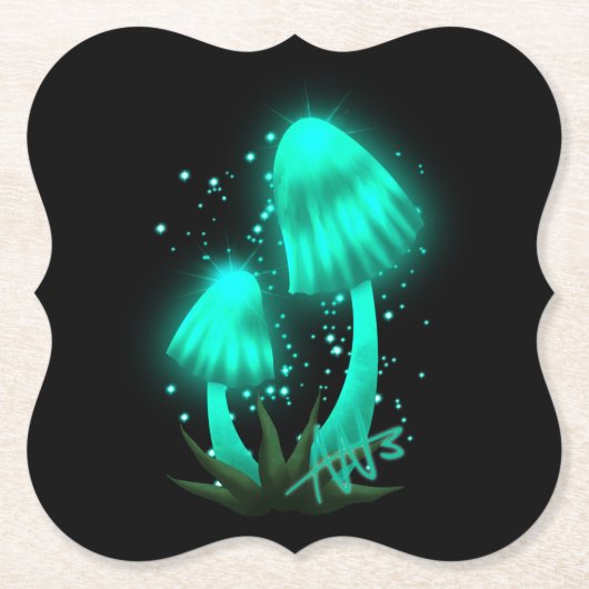 Psychedelic Pixie Pet Gloeiende Cyan Mushroom Kartonnen Onderzetters (Voorkant)