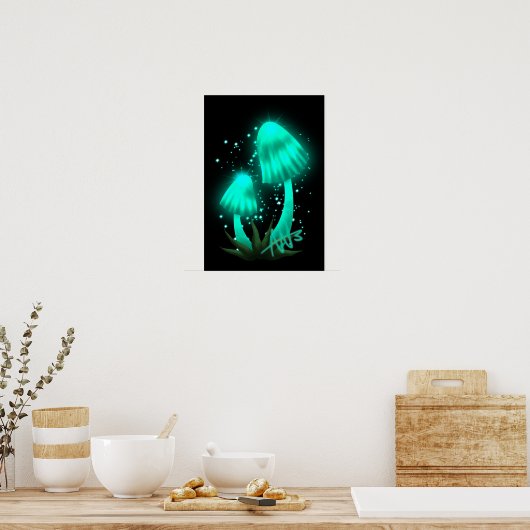 Psychedelic Pixie Pet Gloeiende Cyan Mushroom Poster (Keuken)