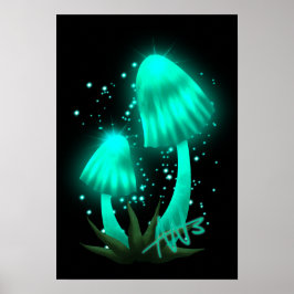 Psychedelic Pixie Pet Gloeiende Cyan Mushroom Poster