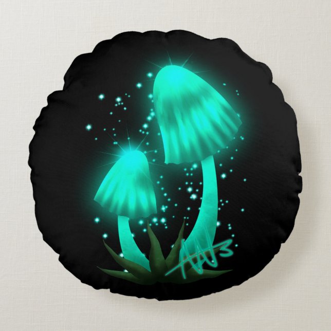 Psychedelic Pixie Pet Gloeiende Cyan Mushroom Rond Kussen (Voorkant)