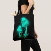 Psychedelic Pixie Pet Gloeiende Cyan Mushroom Tote Bag (Dichtbij)