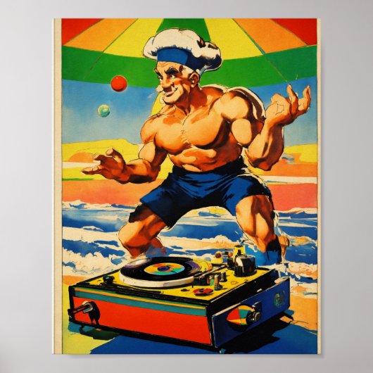 Psychedelic Popeye DJ Platenspeler Vintage Poster (Voorkant)