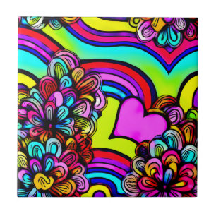 Psychedelic Rainbow Cartoon Flower Paarse Heart Tegeltje
