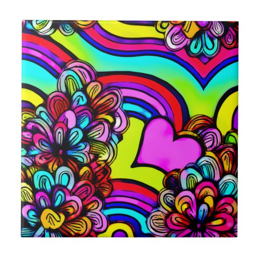 Psychedelic Rainbow Cartoon Flower Paarse Heart Tegeltje (Voorkant)