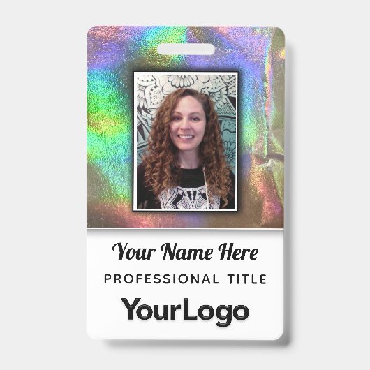 Psychedelic Rainbow Faux Holographic Photo Name Badge (Voorkant)