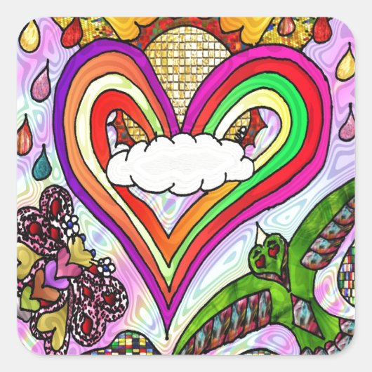 Psychedelic Rainbow Heart Art Print Vierkante Sticker (Voorkant)