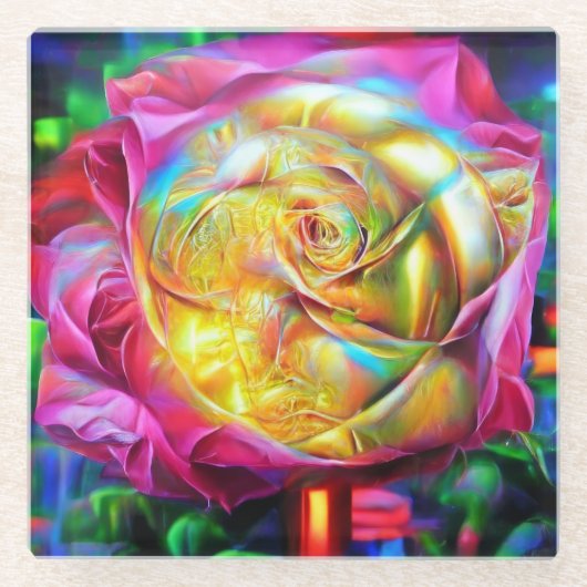 Psychedelic Rainbow-Roos Glazen Onderzetter (Voorkant)