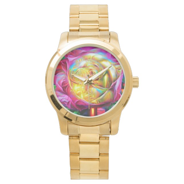 Psychedelic Rainbow-Roos Horloge (Voorkant)
