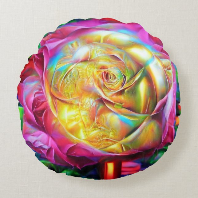 Psychedelic Rainbow-Roos Rond Kussen (Voorkant)