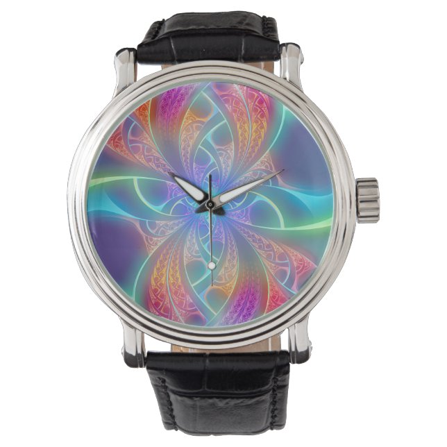 Psychedelic Rainbow Swirls Fractal Pattern Horloge (Voorkant)