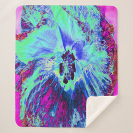 Psychedelic Retro Green en Blue Hibiscus Flower Sherpa Deken