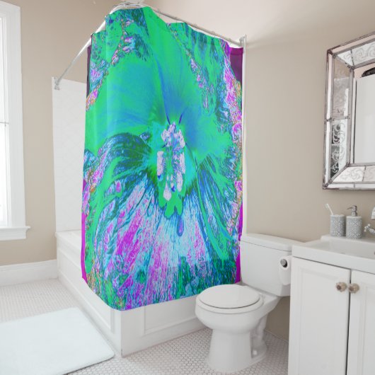 Psychedelic Retro Green en Hot Pink Hibiscus Douchegordijn (In situ)