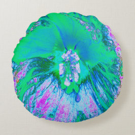 Psychedelic Retro Green en Hot Pink Hibiscus Rond Kussen