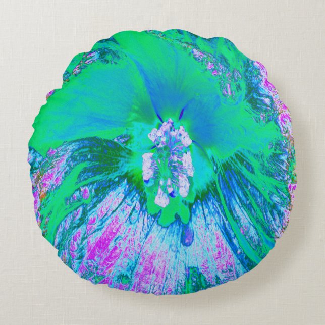 Psychedelic Retro Green en Hot Pink Hibiscus Rond Kussen (Voorkant)