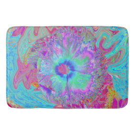 Psychedelic Retro Rainbow Blue Hibiscus Badmat