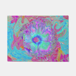 Psychedelic Retro Rainbow Blue Hibiscus Deurmat
