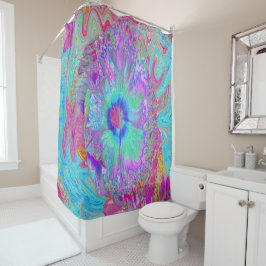 Psychedelic Retro Rainbow Blue Hibiscus Douchegordijn