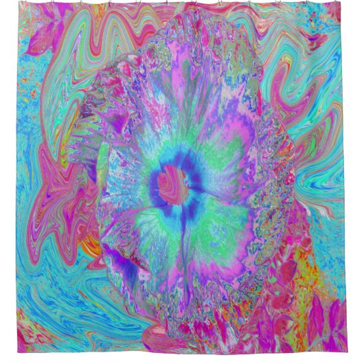 Psychedelic Retro Rainbow Blue Hibiscus Douchegordijn (Voorkant)