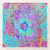 Psychedelic Retro Rainbow Blue Hibiscus Glazen Onderzetter (Voorkant)