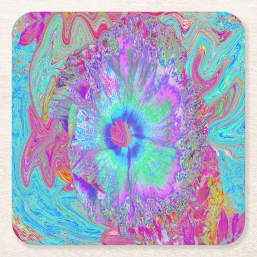 Psychedelic Retro Rainbow Blue Hibiscus Kartonnen Onderzetters (Voorkant)