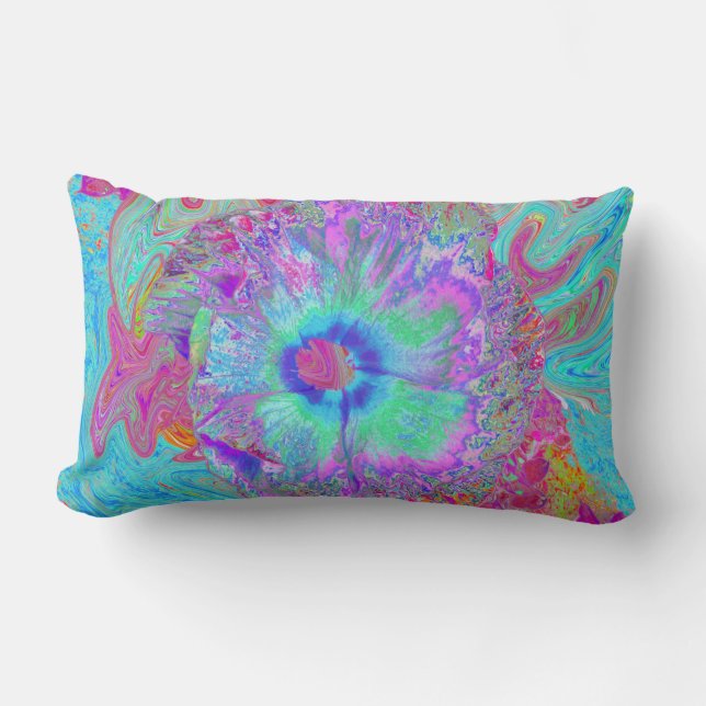 Psychedelic Retro Rainbow Blue Hibiscus Kussen (Voorkant)