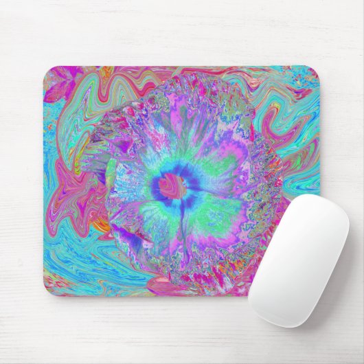 Psychedelic Retro Rainbow Blue Hibiscus Muismat (Met muis)