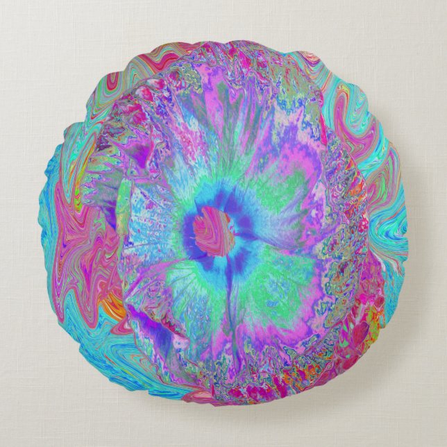 Psychedelic Retro Rainbow Blue Hibiscus Rond Kussen (Voorkant)
