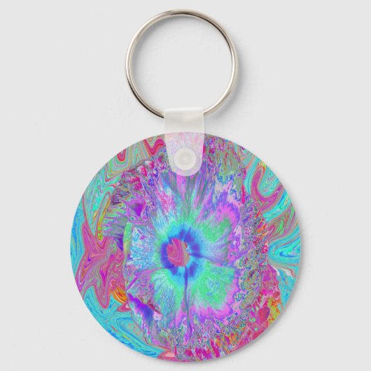 Psychedelic Retro Rainbow Blue Hibiscus Sleutelhanger (Voorkant)