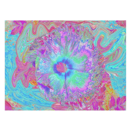 Psychedelic Retro Rainbow Blue Hibiscus Tafelkleed (Voorkant (Horizontaal))