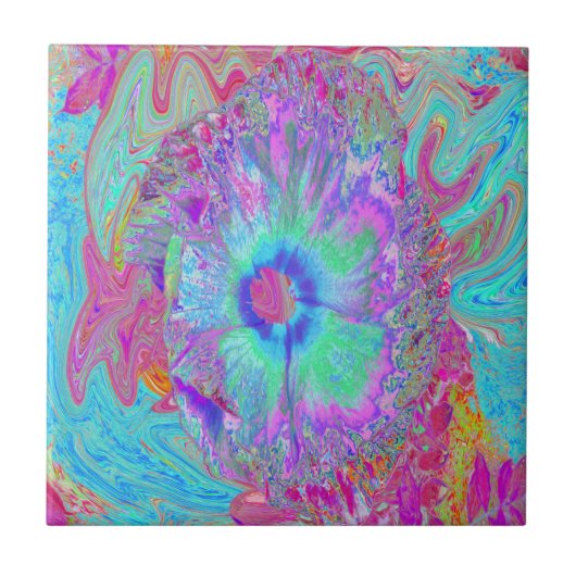 Psychedelic Retro Rainbow Blue Hibiscus Tegeltje (Voorkant)