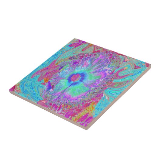 Psychedelic Retro Rainbow Blue Hibiscus Tegeltje (Zijkant)