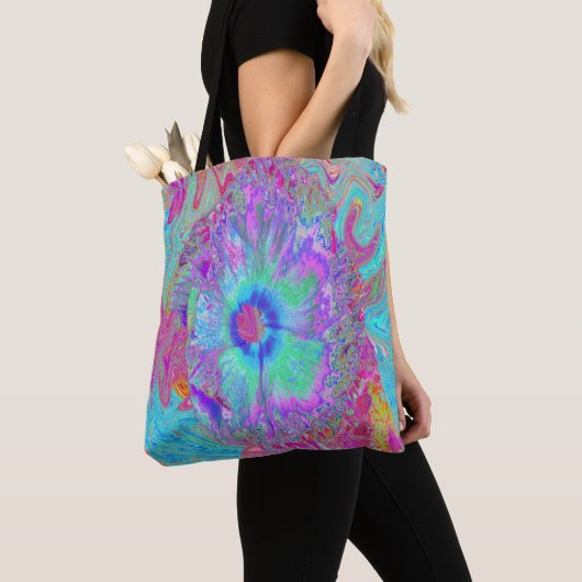 Psychedelic Retro Rainbow Blue Hibiscus Tote Bag (Dichtbij)