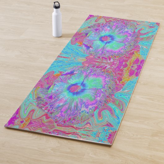 Psychedelic Retro Rainbow Blue Hibiscus Yogamat (In situ)