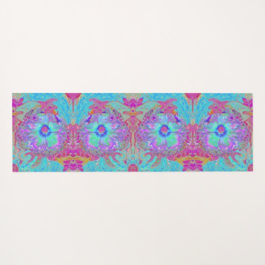 Psychedelic Retro Rainbow Blue Hibiscus Yogamat (Achterkant (horizontaal))