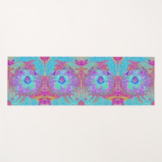 Psychedelic Retro Rainbow Blue Hibiscus Yogamat (Voorkant (horizontaal))