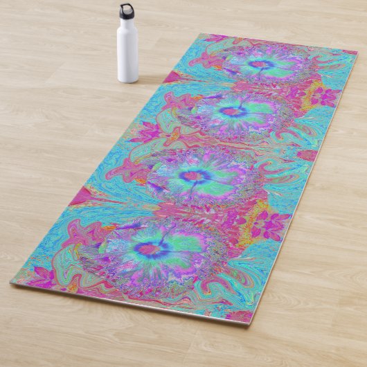 Psychedelic Retro Rainbow Blue Hibiscus Yogamat (In situ)