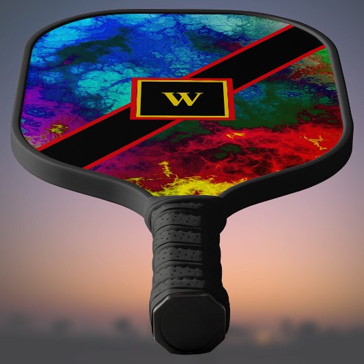 Psychedelic rood geel blauw kosmische wolken monog pickleball paddle
