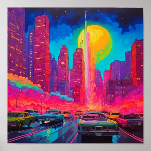 Psychedelic roze blauw stad auto's poster (Voorkant)