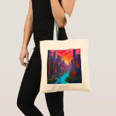Psychedelic roze stadsgezicht met rivier tote bag (Voorkant (product))