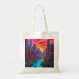 Psychedelic roze stadsgezicht met rivier tote bag