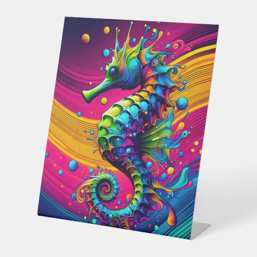 Psychedelic Seahorse Canvas – Vibrant Ocean Wall A Reclamebord Met Voetstuk (Voorkant)