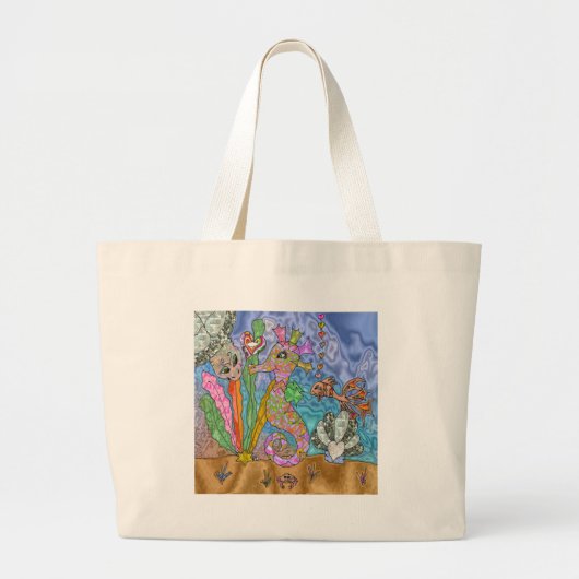 Psychedelic Seahorse Zee Turtle Art Grote Tote Bag (Voorkant)