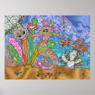 Psychedelic Seahorse Zee Turtle Art Poster