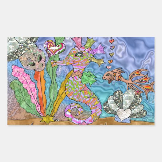 Psychedelic Seahorse Zee Turtle Art Rechthoekige Sticker (Voorkant)