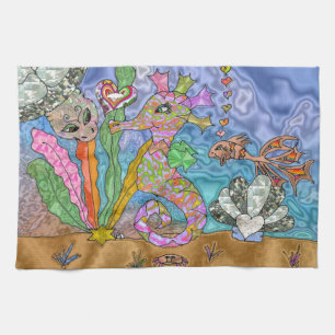 Psychedelic Seahorse Zee Turtle Art Theedoek