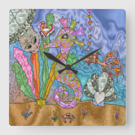 Psychedelic Seahorse Zee Turtle Art Vierkante Klok